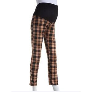 Due Time Maternity Over the Belly Elastic Waist Leggings Taupe Rust Plaid